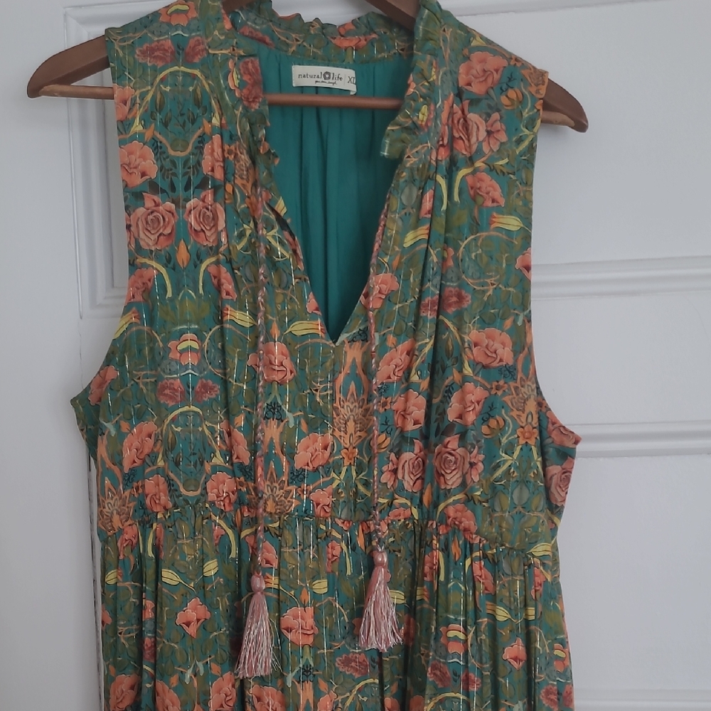 NATURAL LIFE Green Floral Midi Dress with Coral Rose Print